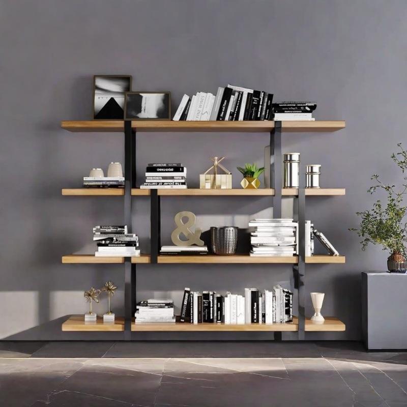 简约实木书架置物架落地现代客厅简易卧室隔断铁艺屏风办公收纳柜