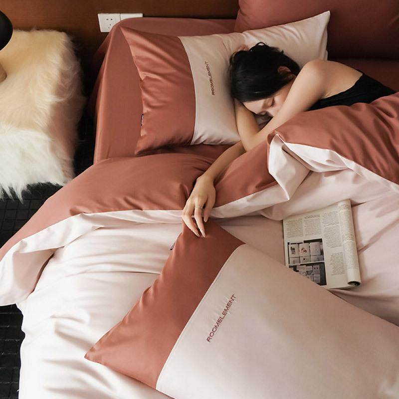 A类母婴级100S长绒棉四件套北欧风简约刺绣撞色全棉被套床上用品