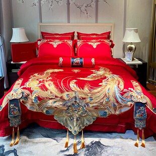 龙凤180S长绒棉提花四件z套龙凤刺绣纯棉流苏红色被套床上用 中式