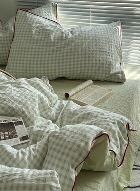 格子控丨浅绿色小格子包s边款水洗棉四件套床单纯色被套宿舍三件