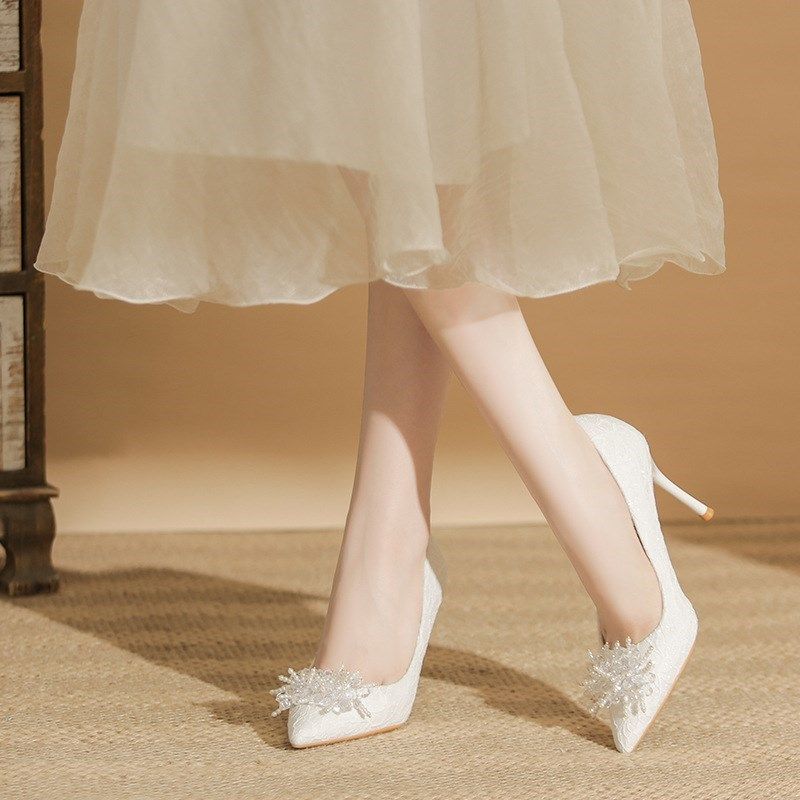 31 32 33小码白色蕾丝高跟鞋女细跟尖头水晶鞋法式气质新娘婚鞋,女鞋,浅口单鞋,淘宝优惠券,粉丝福利购,淘宝优惠卷