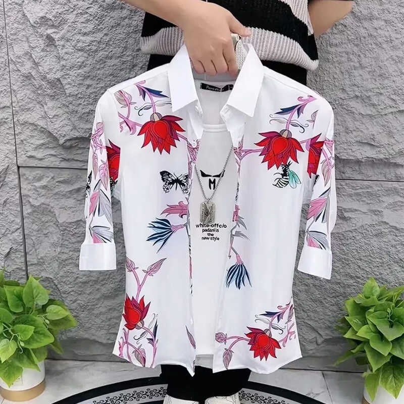 个性花卉印花衬衫男中袖夏季新款韩D版潮流百搭网红七分袖男士衬