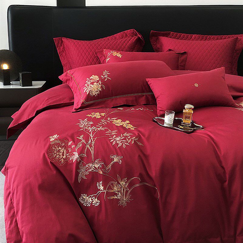 浪漫婚庆全棉磨毛四件套100S加厚秋冬季结婚被套床上用品喜嫁红色