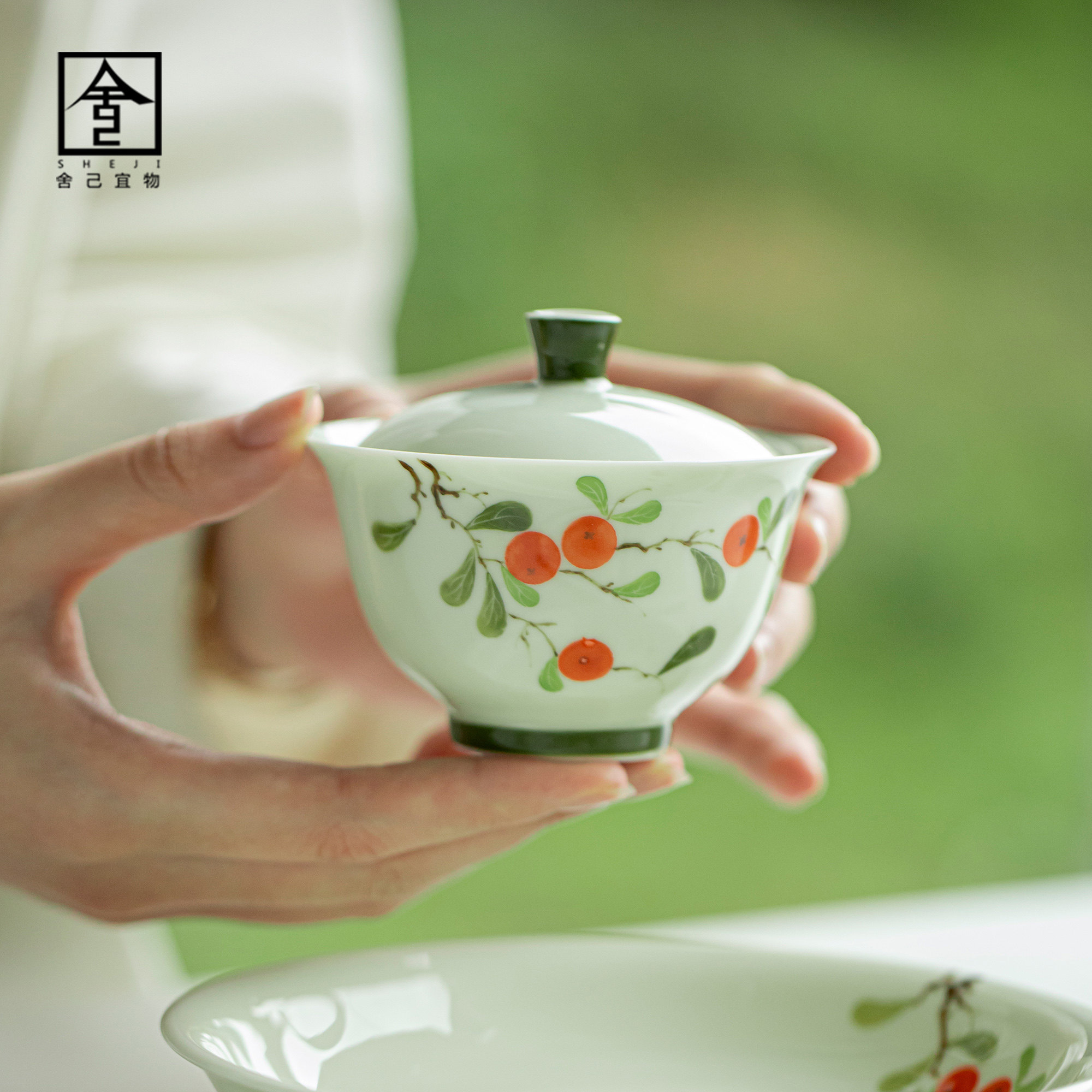 纯手绘杨梅盈枝陶瓷盖碗茶杯单个高档不烫手功夫茶V碗杯带盖泡茶