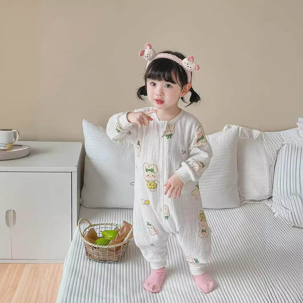 024春款儿童连体衣薄款长袖纱布睡袋男女棉宝宝透气爬服一件新款