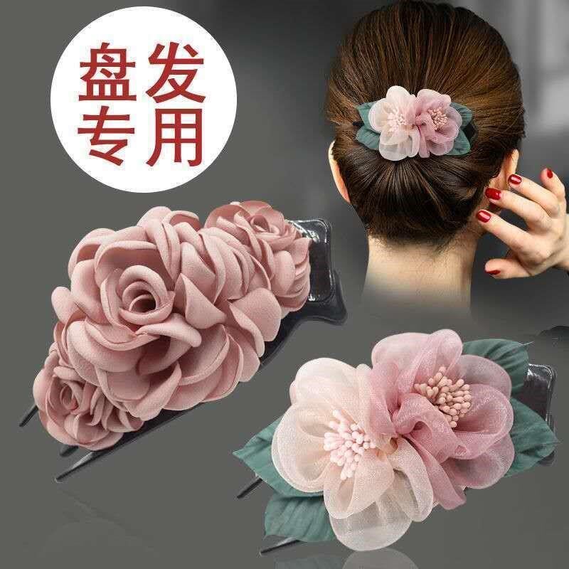 鸭嘴夹大号抓夹淑女盘发专用抓抓夹绢纱花朵布艺V发夹盘头发夹子