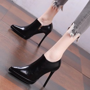 高跟鞋女百搭女鞋2024年春季新款尖头防水台细跟侧拉链深口单鞋女
