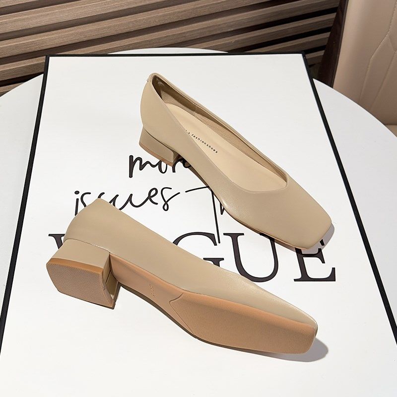 浅口一脚蹬粗跟方头裸色单鞋女2024年新款夏软皮高跟鞋中跟奶奶鞋,女鞋,浅口单鞋,淘宝优惠券,粉丝福利购,淘宝优惠卷