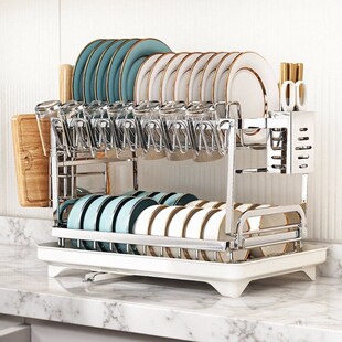 304不锈钢碗盘沥水架双层碗架厨房置物架导流沥水V篮放碗碟收纳架