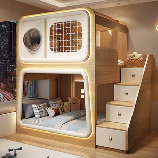 卧室太空舱c儿童床上下铺双层床木床小户型上下床城堡树屋床纳帕