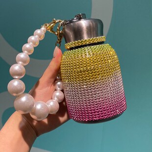 高颜值仙女水杯可爱大q肚保温杯网红时尚满钻珍珠链杯子304不锈钢