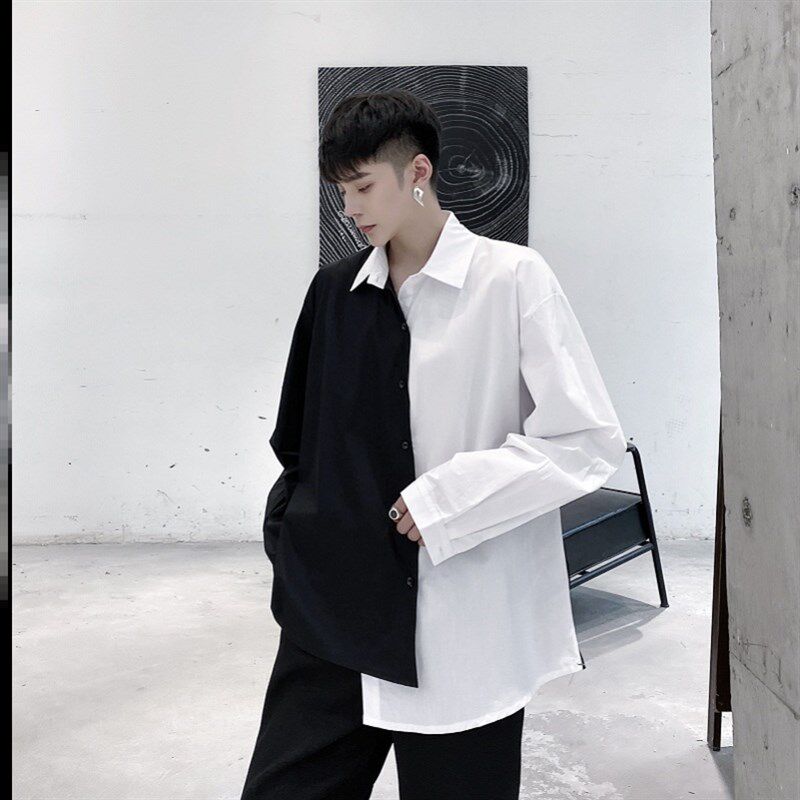 个性黑白拼接撞色衬衫男长袖春秋宽松韩版设计感不对称衬衣发型师