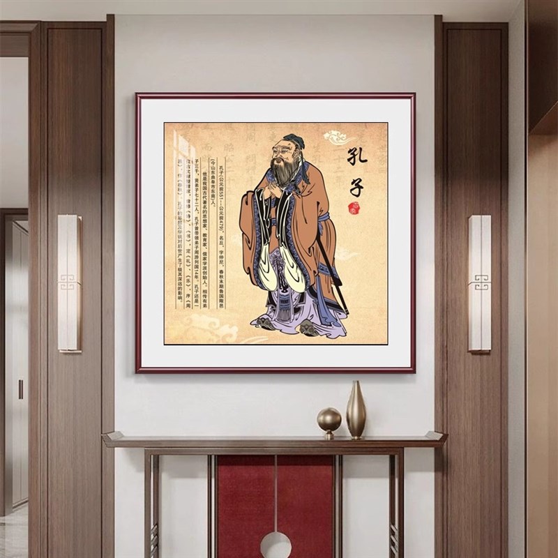 孔子画像挂画书房行教图壁画老子传道图逢L考必过孟子装饰画孔圣