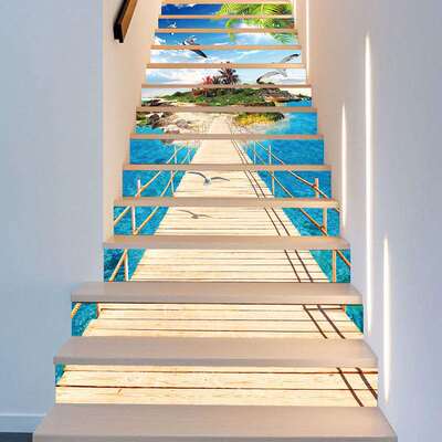 跨境Aliexpress货源13片装海岛吊桥楼梯贴自粘墙纸楼梯家居装饰