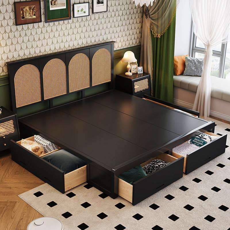 美式复古实木榻榻米收纳储物高箱抽屉床主卧床1米8双人法式藤编床