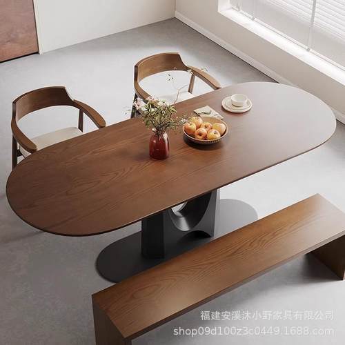 2024创意设计师实木餐桌法式高档白蜡木长桌椭圆形中古胡桃色桌子