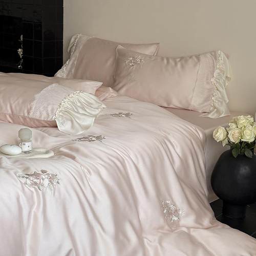 法式少女心100S兰精天丝四件套玫瑰刺绣夏季冰丝凉感被套床单床笠