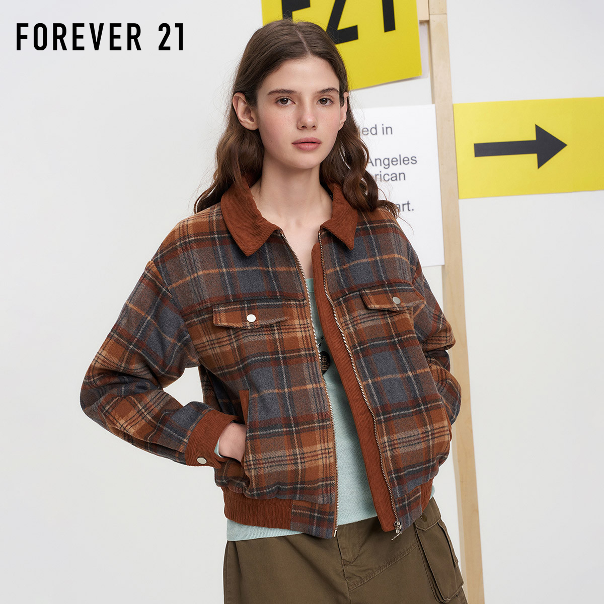 小香风撞色格子拼接设计夹棉外套