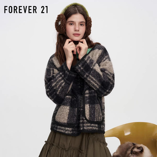 FOREVER 21格纹毛呢外套女25年秋小众高级感抓绒保暖呢子外套