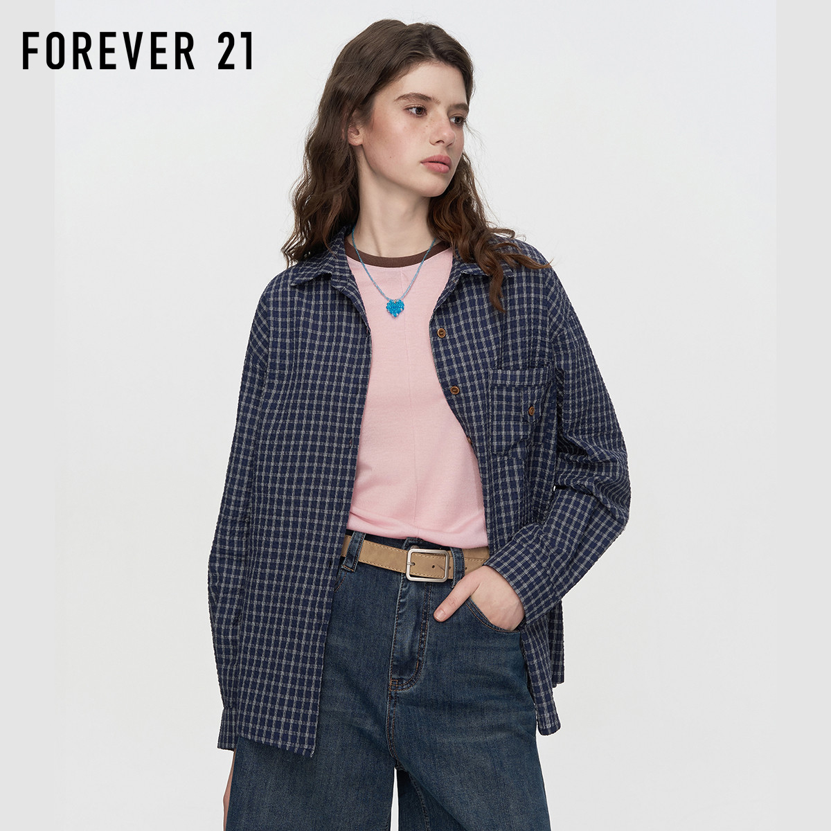 Forever21格纹长袖衬衫女