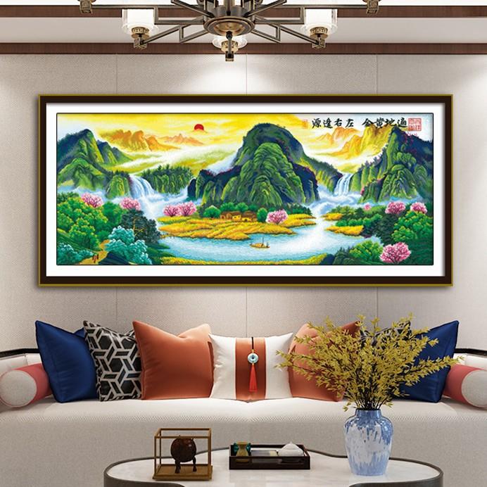 风水黄金满地山水画十字绣聚宝盆客厅大幅风景装饰画手工印花刺绣