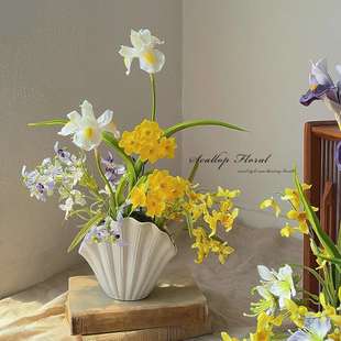 设计款 饰摆设 仿真花假花爱丽丝鸢尾花贝壳陶瓷花瓶摆件商店客厅装