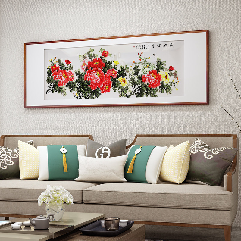 花开富贵客厅挂画中式沙发背景墙装饰画招财牡丹花国画办公室壁画