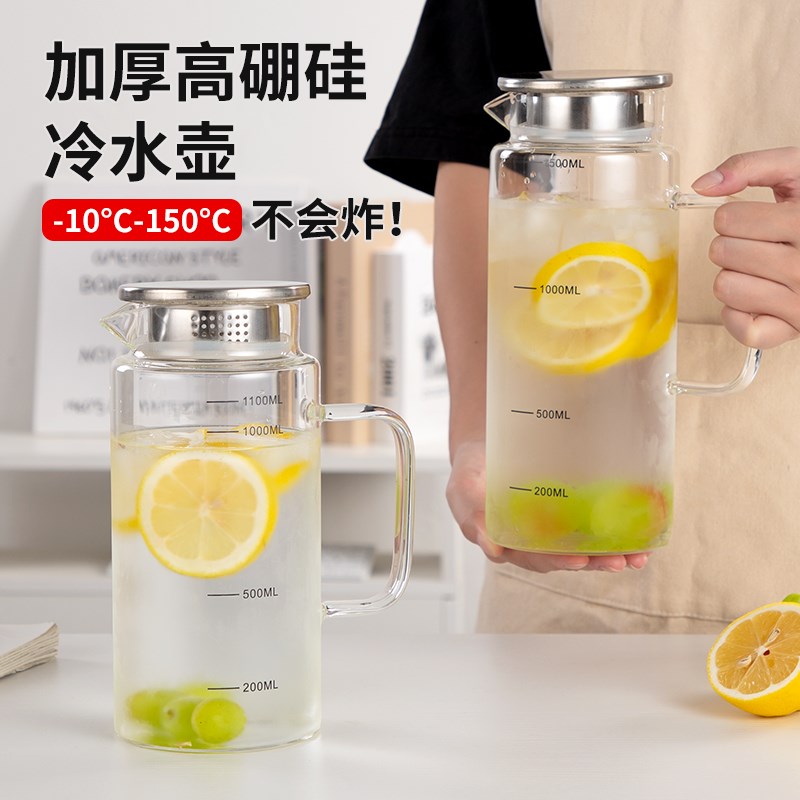 2025新款高硼硅刻度冷水壶大容量加厚耐热玻璃果汁凉水壶冷饮扎壶