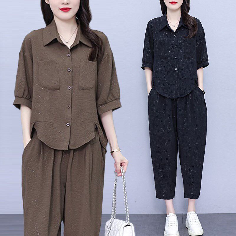 夏季新款洋气套装女m2025年胖MM时尚细闪衬衫+宽松显瘦减龄两件套