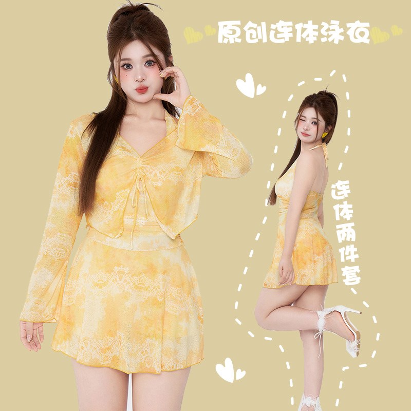 般沐女泳衣显白挂脖连体裙式保守罩衫长袖大码胖mm显瘦遮肉泡温泉