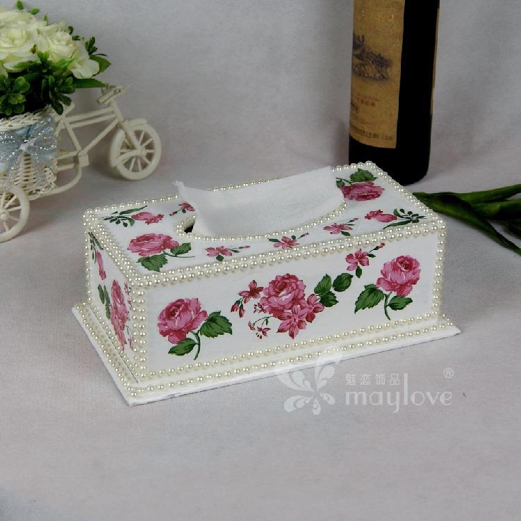 贴珍珠丝印玫瑰花 纯手工纸巾盒工艺纸抽盒时尚创意纸巾盒