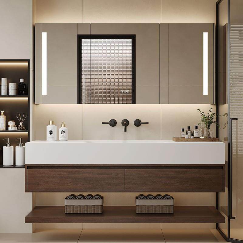 复古原木风可丽耐岩板热弯无缝一体盆浴室柜组合洗脸洗漱台盆新款