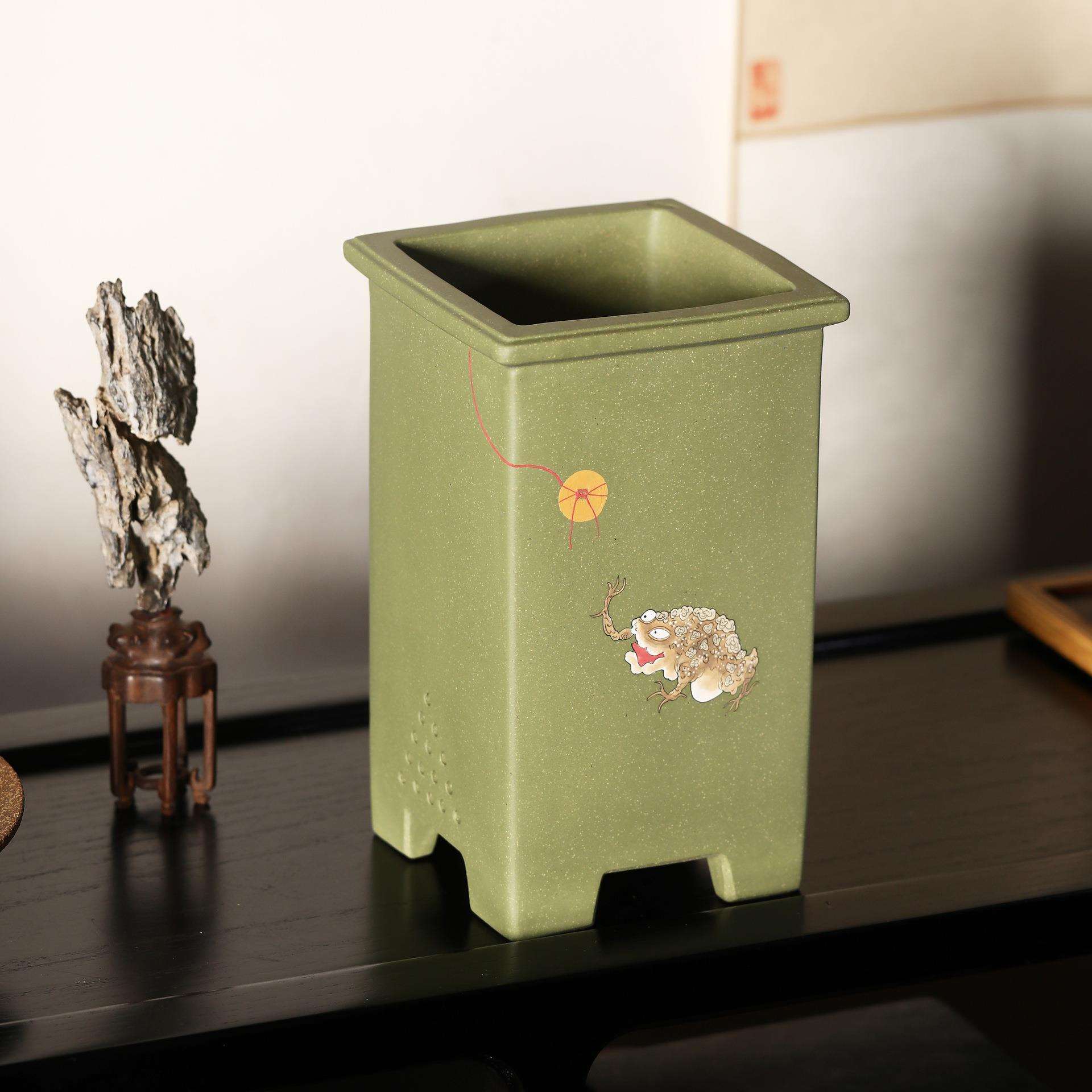 紫砂花盆陶瓷盆景盆苏玲名家盆正方形刻绘手绘兰花盆四方兰盆