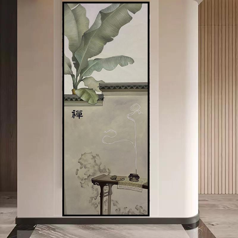 玄关挂画纯手绘油画新中式静心芭蕉叶古风装饰画禅意走廊过道茶室