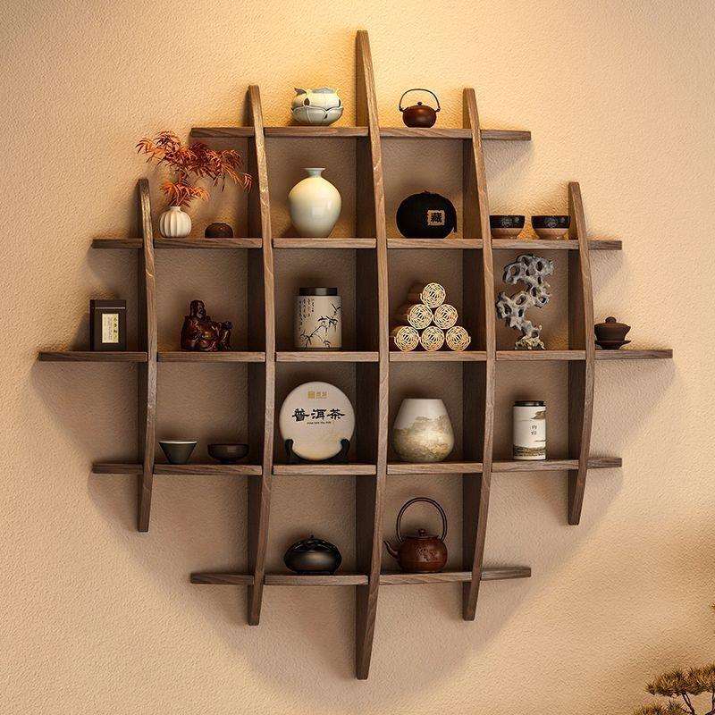 壁挂式博古架实木中式挂墙架置物架背景展示茶杯架墙上多宝阁格子