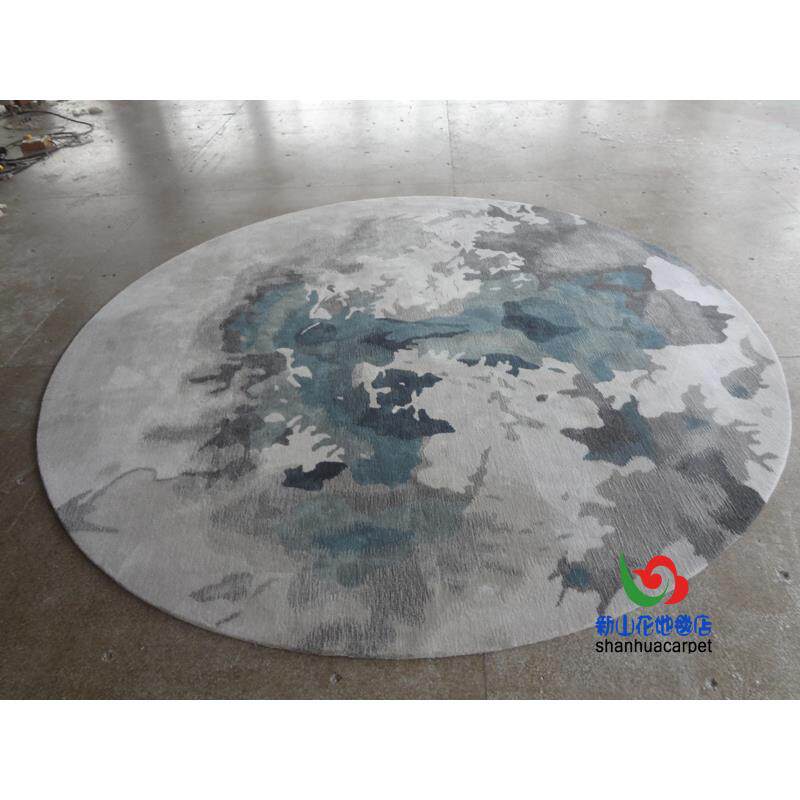 新中式抽象水墨画圆形手工羊毛客厅茶几书房地毯大厅接待室贵宾室