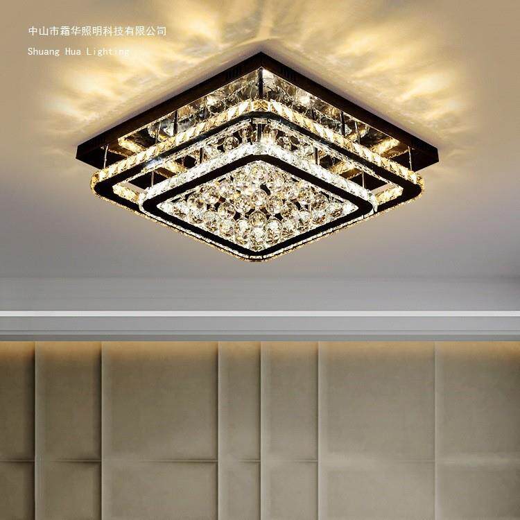 现代简约现代大气led吸顶灯不锈钢正方形卧室灯轻奢水晶灯房间灯