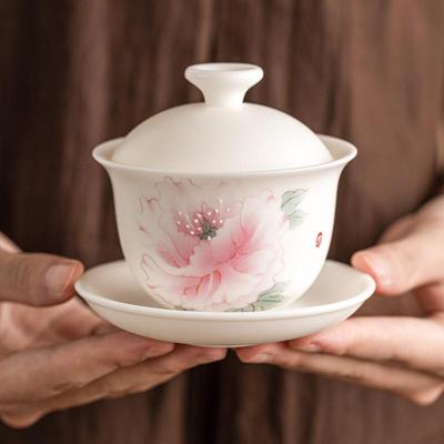 张丽娇大师素烧羊脂玉瓷三才盖碗单个高档陶瓷茶具女高颜值泡茶碗