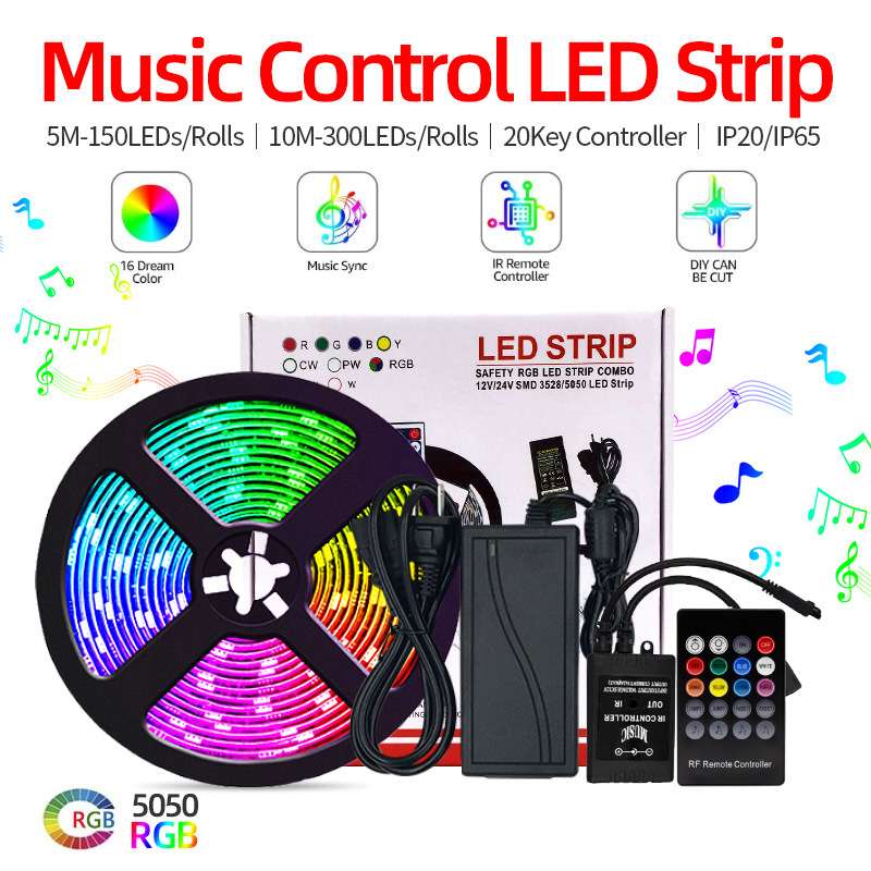 LED灯带5050RGB滴胶防水智能声控灯条七彩音乐旋律英文版30灯套装