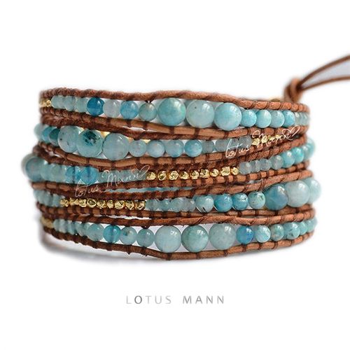 lotus mann地球蓝 异极矿系列手链 5圈混合Y银珠皮绳手链
