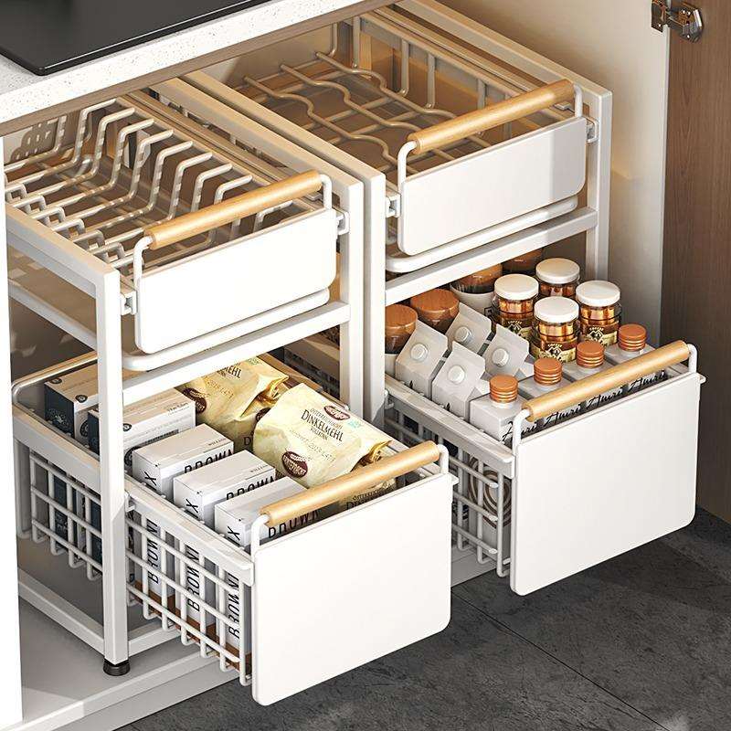 厨房单层抽拉免安装碗碟柜内放置收纳架碗架抽屉式置物架分隔碗盘