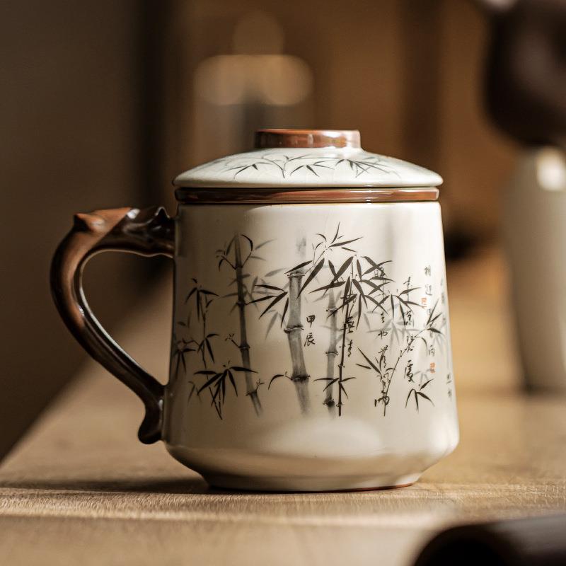 米黄汝窑办公过滤杯墨竹定风波陶瓷办公室带盖过滤茶水分离马克杯