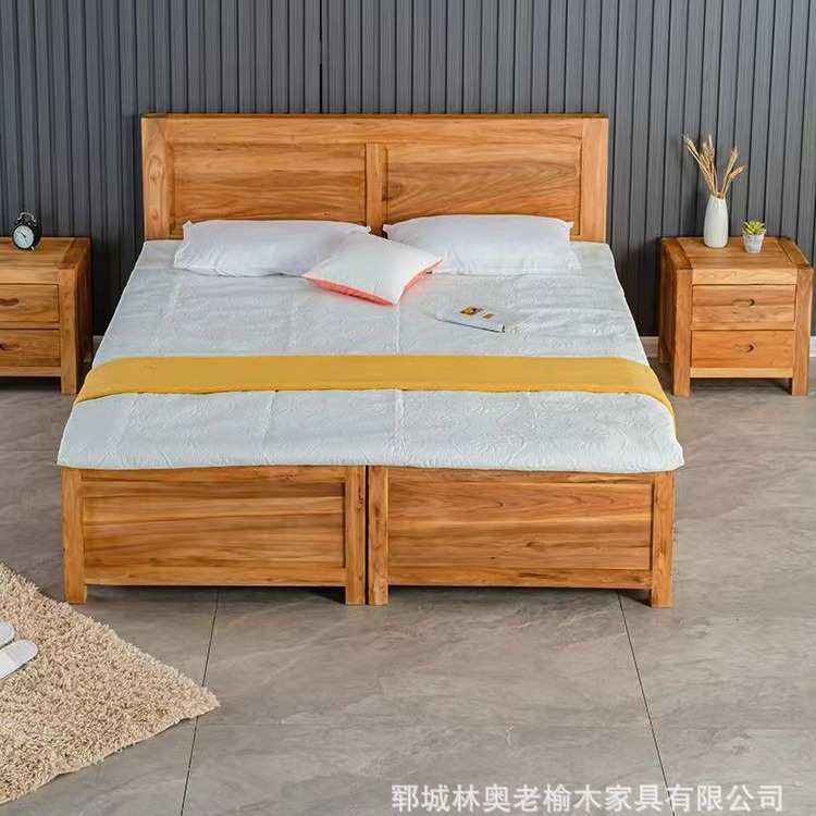 老榆木现代简约家用主卧双人床原木储物高箱床榆木抽屉床现代家具