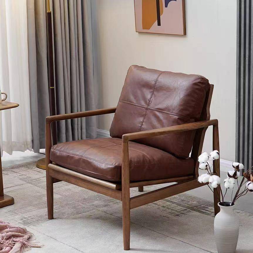 汉克椅月辉沙发椅实木真皮中古风北欧设计高级复古现代轻奢书房椅
