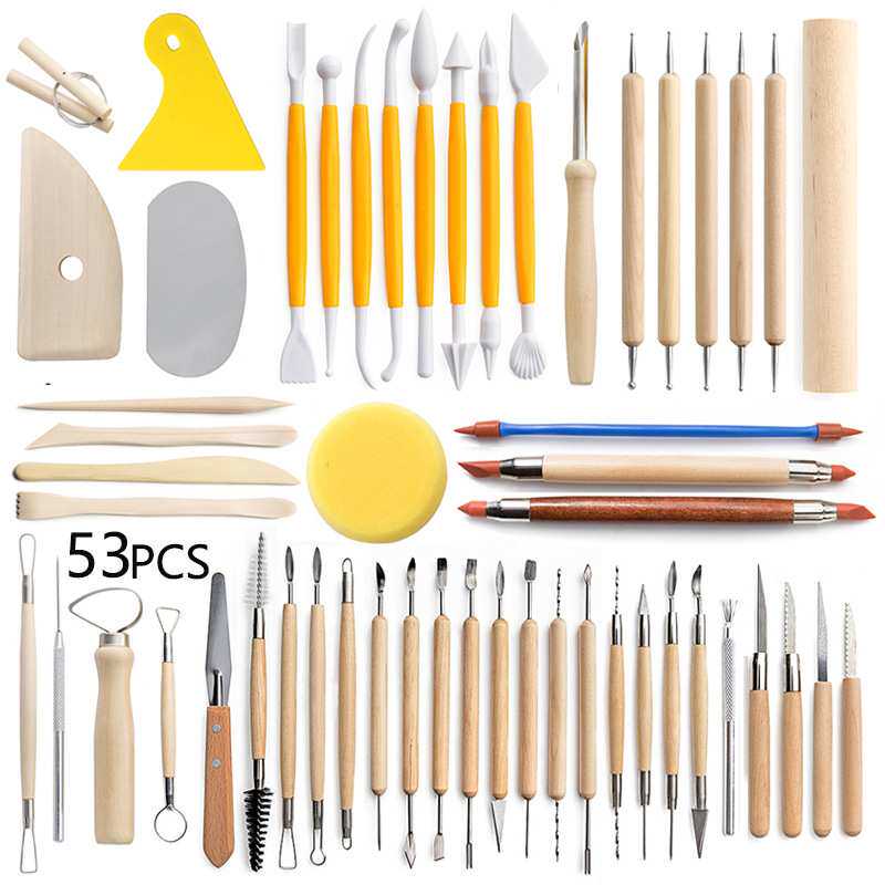 跨境53件陶泥工具套装橡皮笔陶艺打孔器切割线擀棒粘土工具厂家