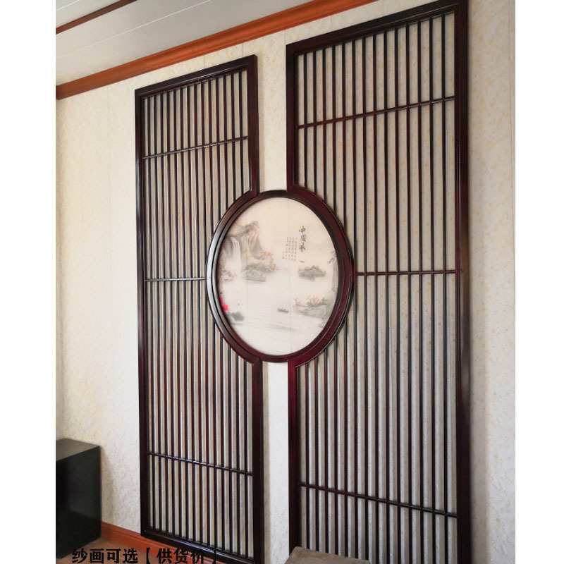 新中式实木镂空室内客厅酒店饭店火锅店装修花格隔断纱画屏风画布