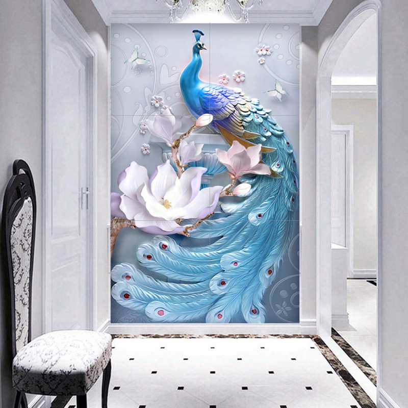 玄关瓷砖背景墙 3d立体微晶石现代简约过道走廊大理石欧式 孔雀