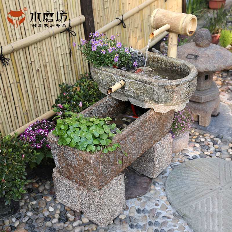 水磨坊创意中式石槽竹子流水摆件庭院鱼缸阳台养鱼池户外花园装饰