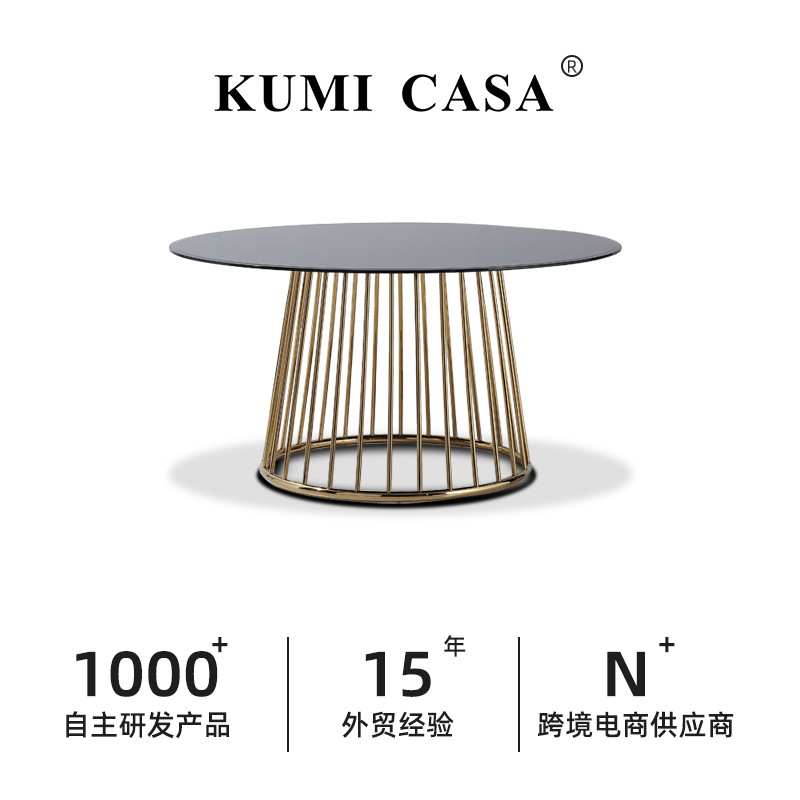 意式极简轻奢钢化玻璃餐桌家用餐厅法式不锈钢圆形酒店饭圆桌定制
