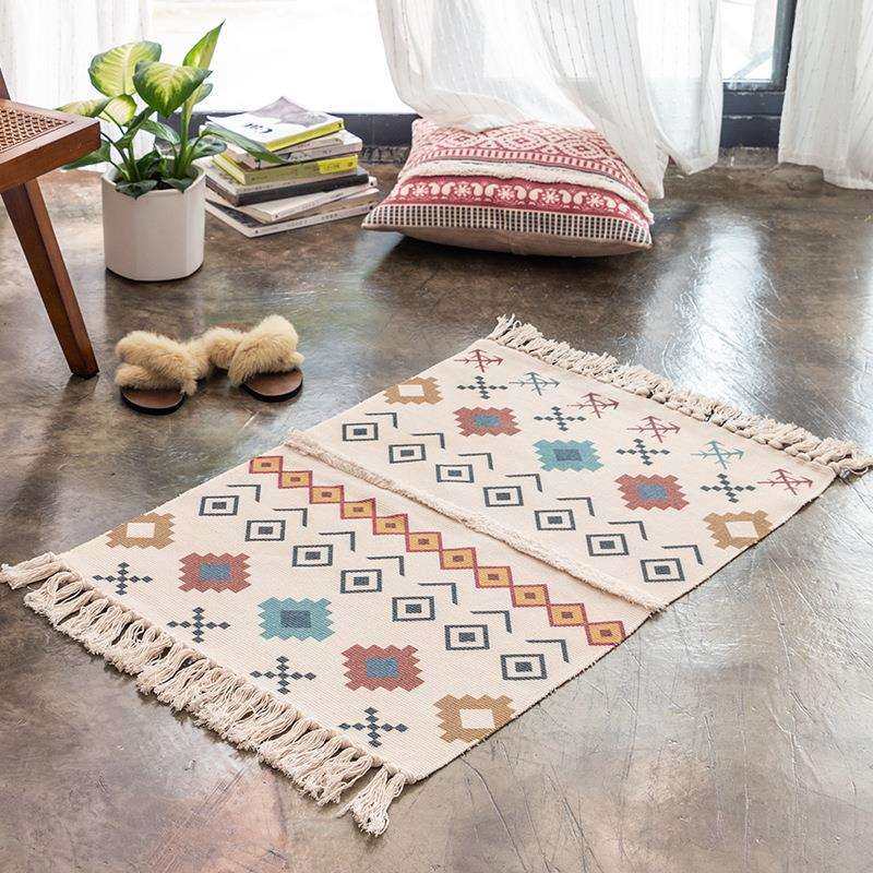 北欧手工流苏地垫立体簇绒棉麻进门地垫地毯客厅入户门垫床边脚垫